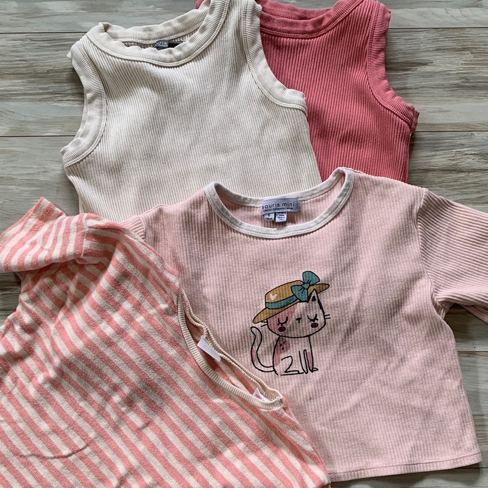 souris-mini Girls Pink Cat Tee & Ribbed Tank Tops - 4-Pack